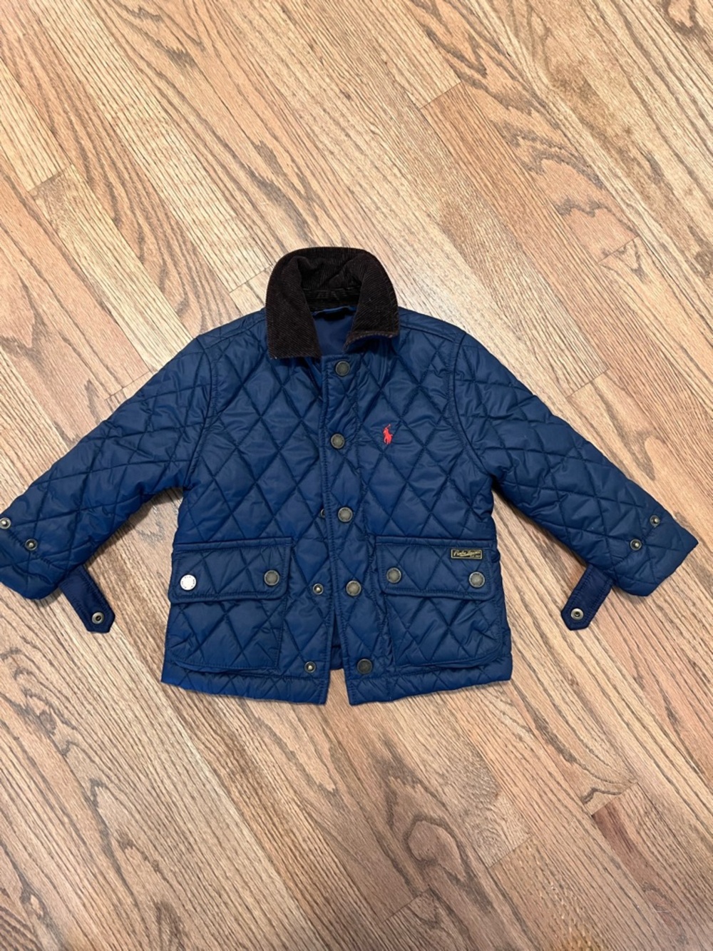 Ralph Lauren Boys Navy Quilted Puffer Jacket with Black Corduroy Collar